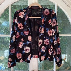 Zara Floral Silk Zip Up Bomber Jacket